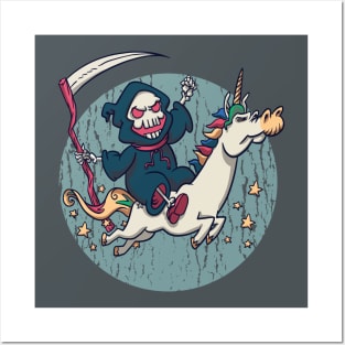 Cute Grim Reaper Riding A Unicorn Posters and Art